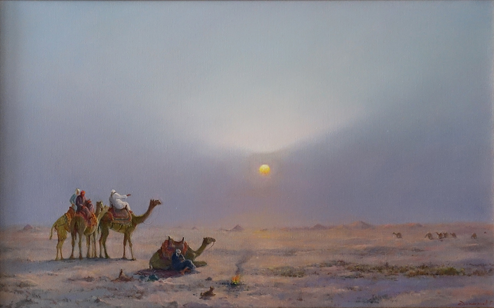  художник  Дмитриев Георгий, картина Беседа 3-х мудрецов   на восходе солнца  в Нубийской пустыне