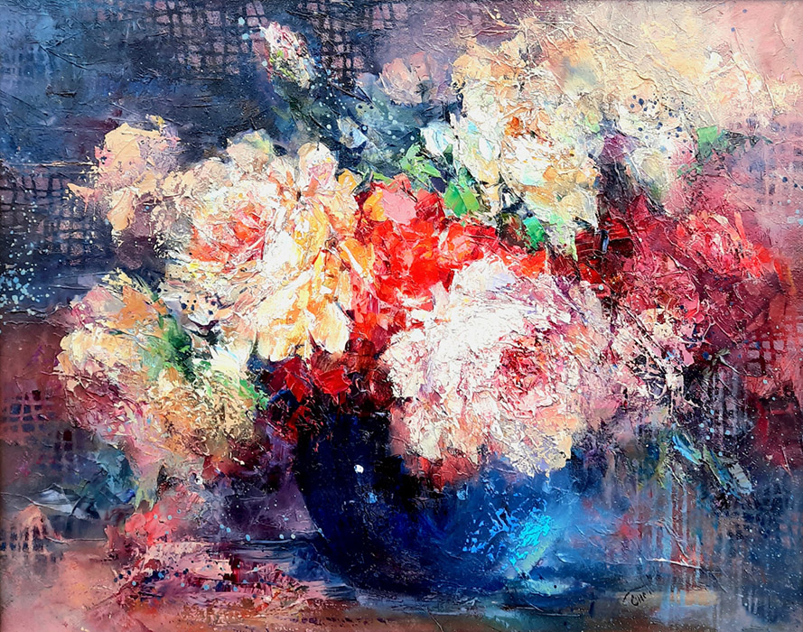  художник  Снежинская Жанна, картина Розы в синей вазе