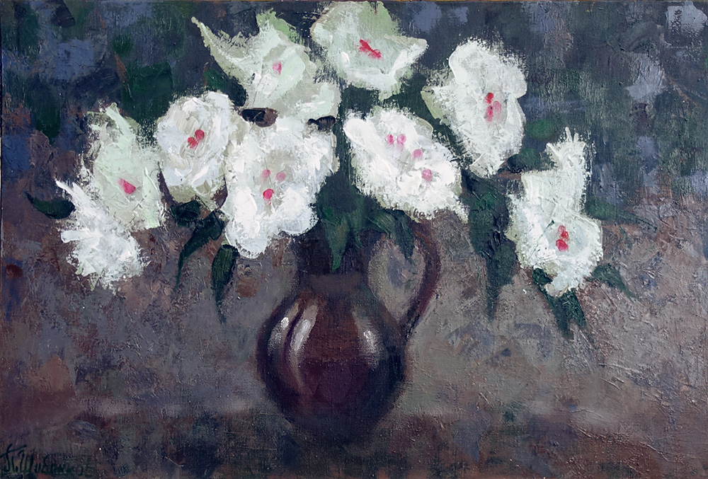  художник  Шубников Павел, картина Белые цветы на ночном окне