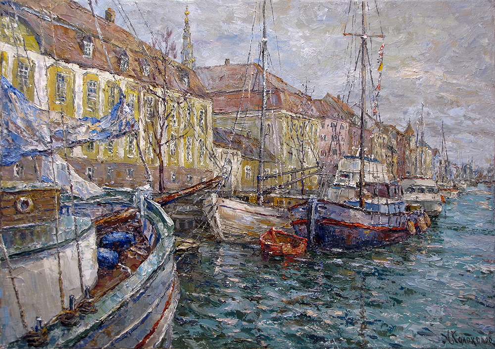  художник  Колоколов Антон, картина Копенгаген. Пейзаж с красной лодкой,
