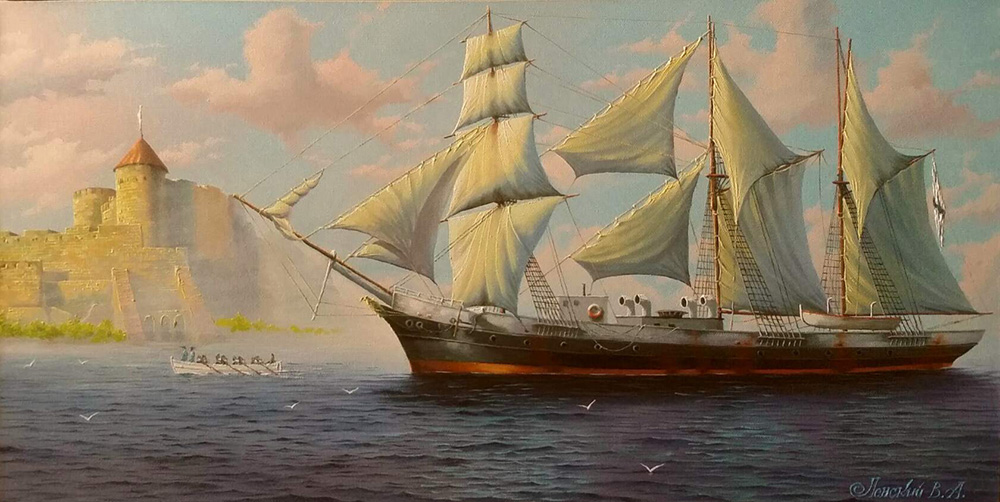  художник  Ленский Валерий, картина Шхуна-Барк Ингул  императоского флота России 