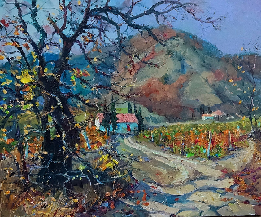  художник  Третьяков Роман, картина По осенней дороге через виноградники