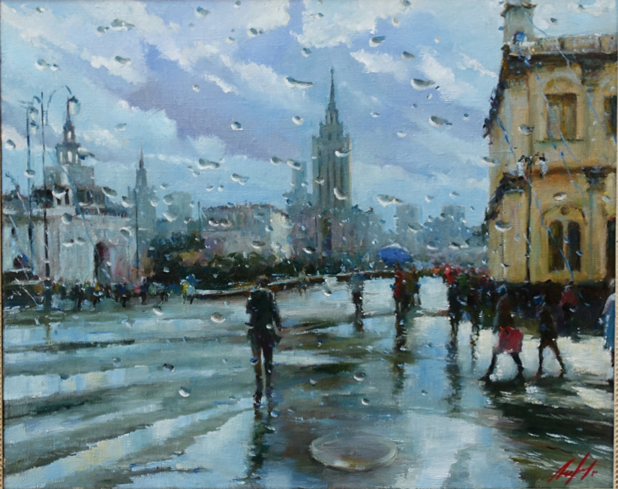  художник  Лихоманов Юрий, картина Москва, Комсомольская площадь,  дождь