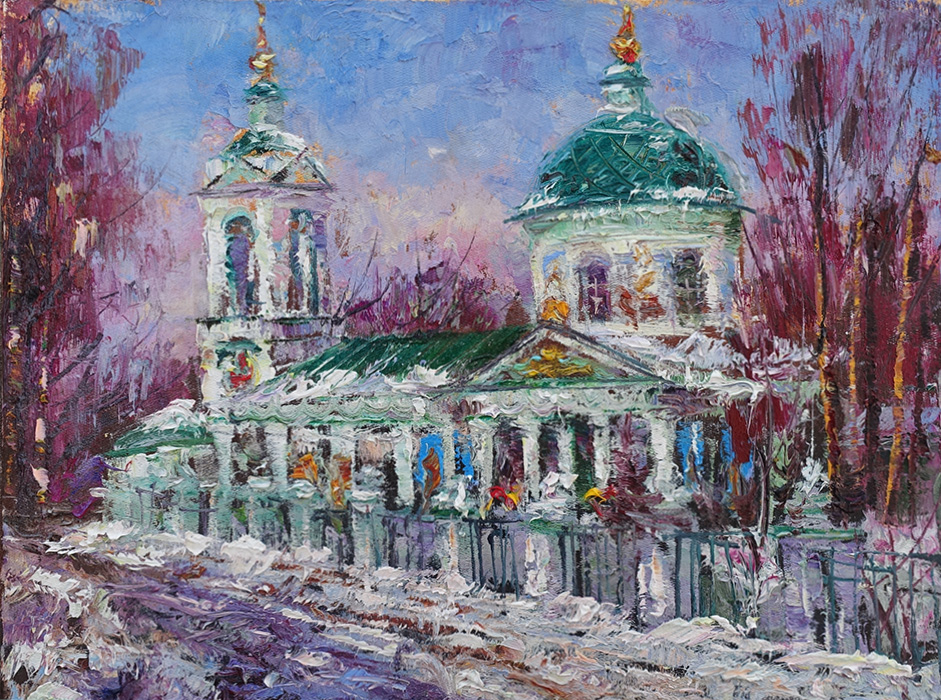  художник  Еникеев Юнис, картина Троицкая на Ворорбьевых горах. Зима