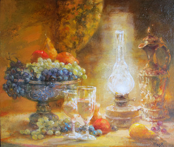  художник  Медведева Ольга, картина Лампа и фрукты