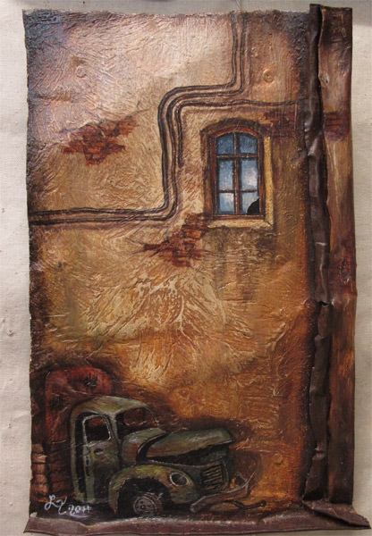  художник  Ленков Дмитрий, картина Миф о зеленом фургоне и водосточной трубе